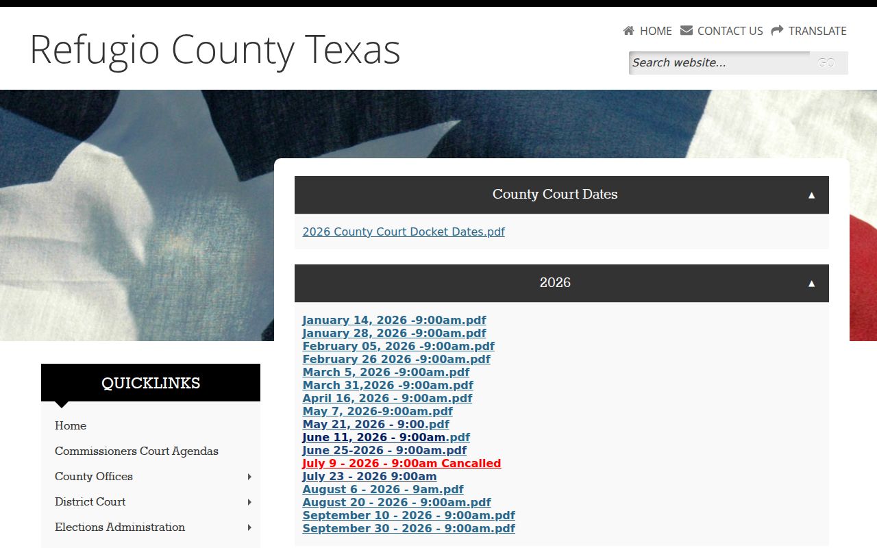 Refugio County warrant search, official County Court docket page