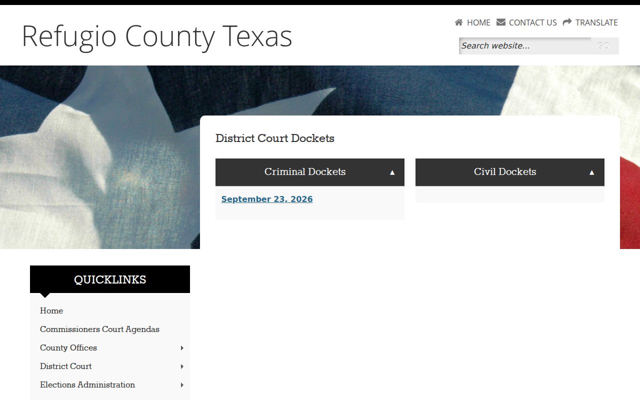 Refugio County warrant search, district criminal and civil docket interface