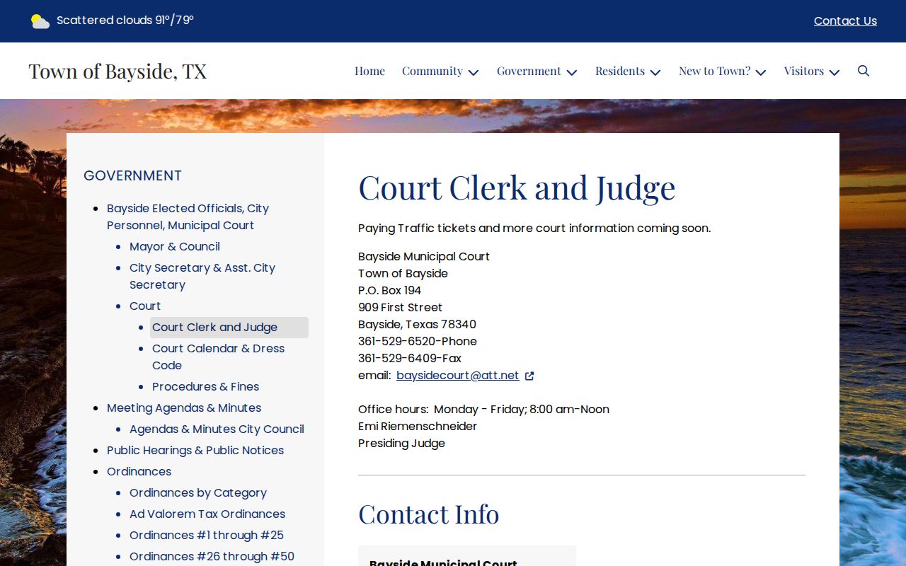 Refugio County Bayside municipal warrant lookup reference showing the official municipal court page
