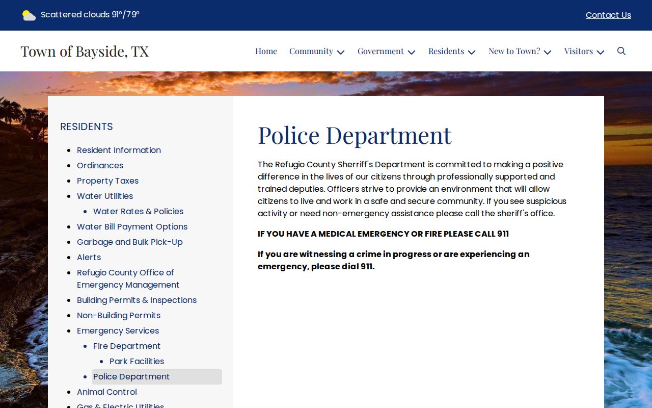 Refugio County Bayside municipal warrant routing reference showing the official sheriff police-support statement