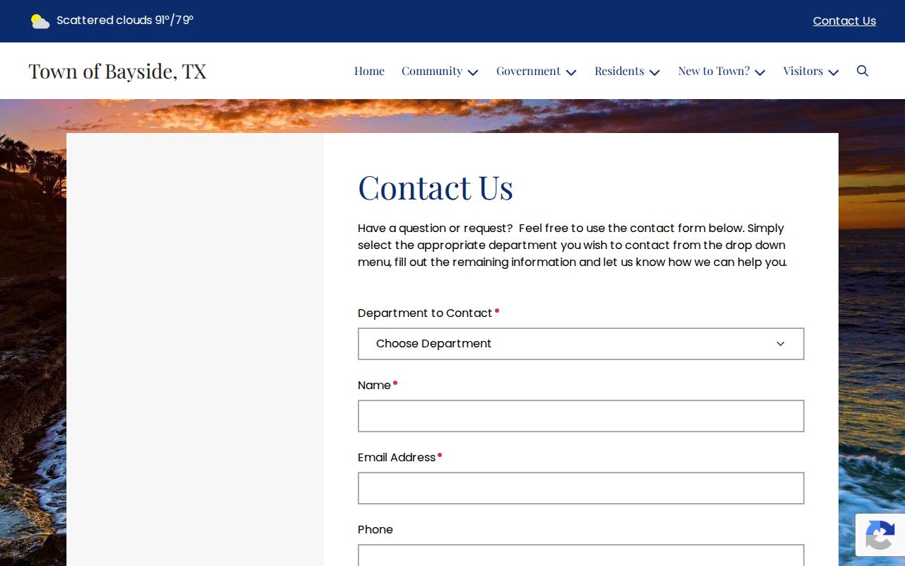 Refugio County Bayside municipal warrant records request reference showing the official public contact page