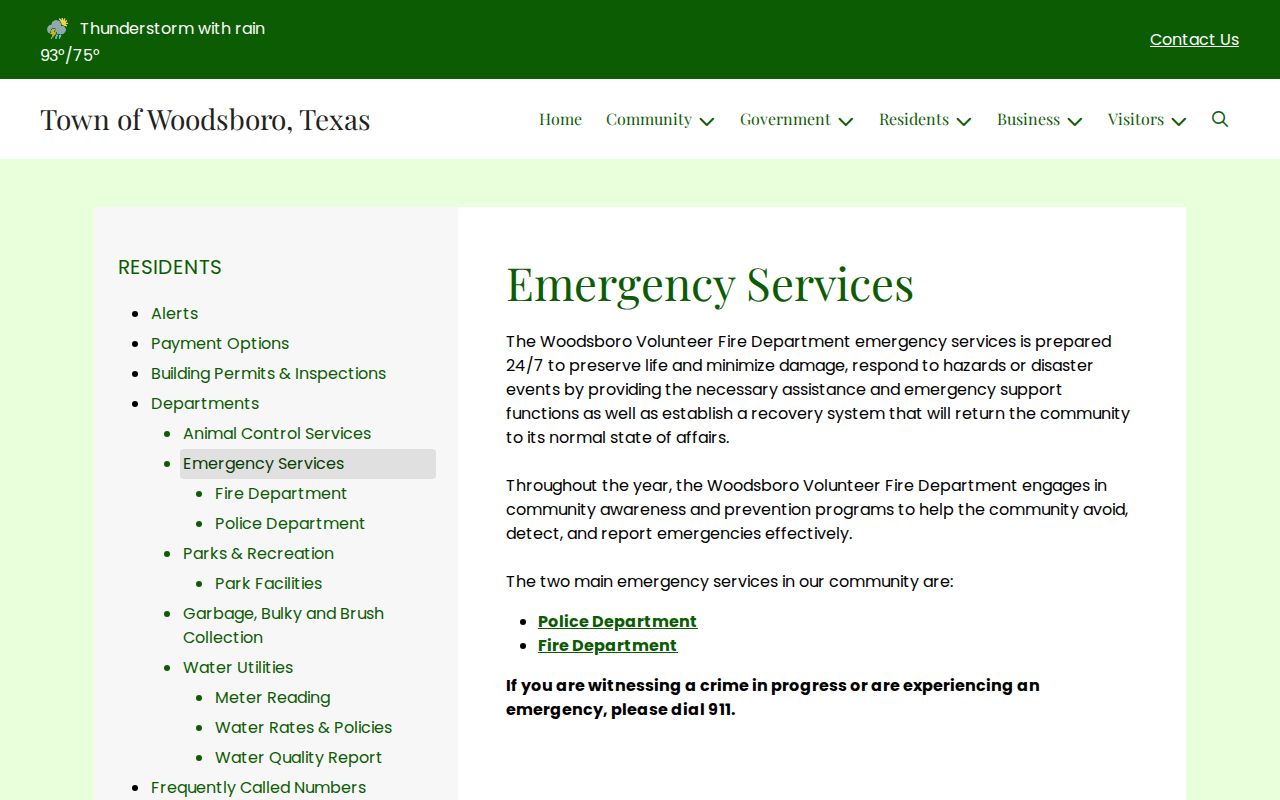 Refugio County Woodsboro warrant routing reference showing the official emergency-services page