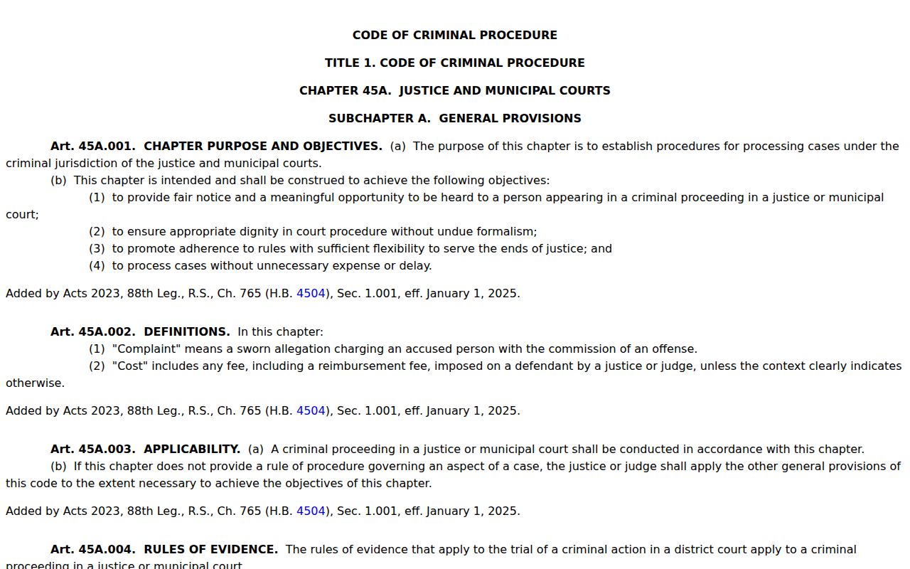 Refugio County bench warrant rules, current Texas justice and municipal court code