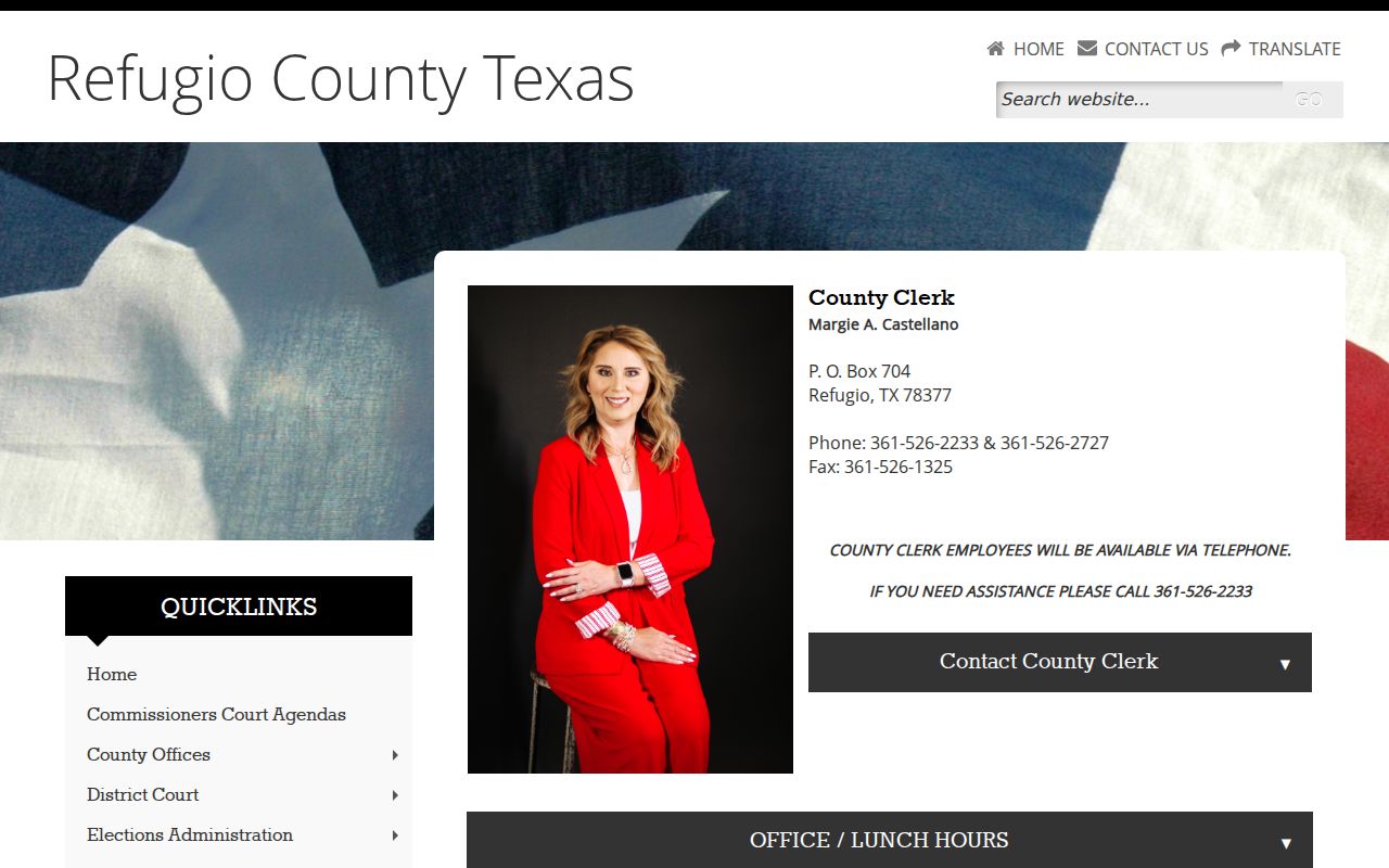 Refugio County warrant records, County Clerk contact and court payment page