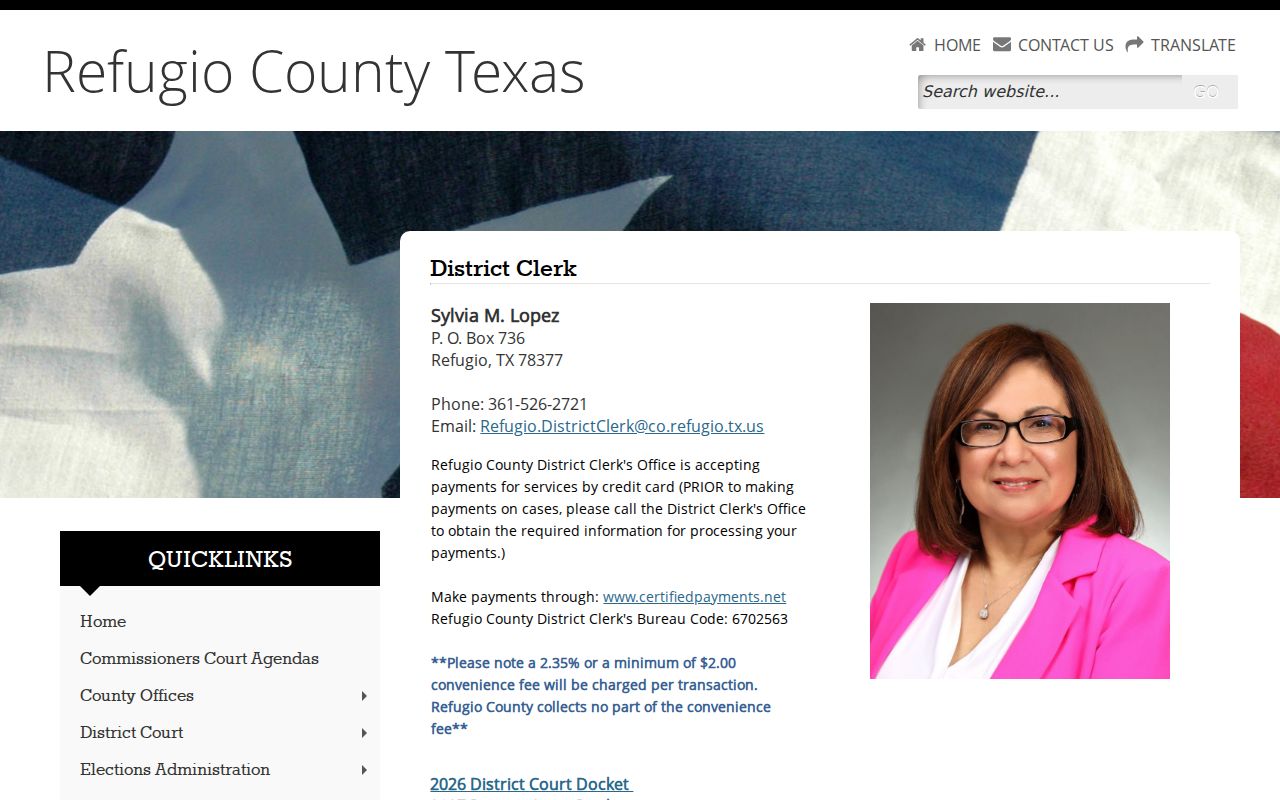 Refugio County warrant records, District Clerk docket and contact page