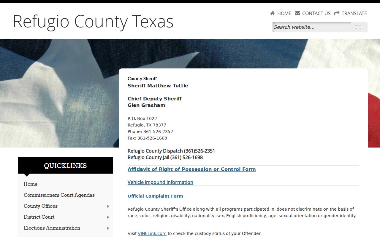 Refugio County warrant records research, official sheriff contact page
